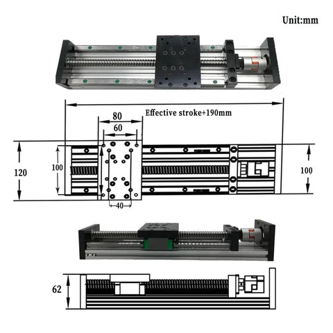 Precision CNC Ball Screw Linear Actuator Double Linear Guide Sliding Table with dimensions 190mm stroke for routers.