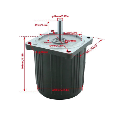 Heavy Duty 40W Micro AC Gear Motor With Sleek 12MM Shaft front view showing dimensions and design for compact projects.