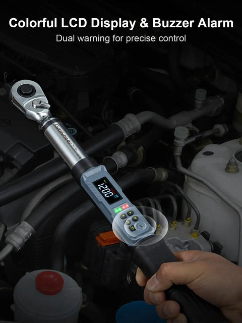 Digital Torque Wrench Three Eighths Inch Drive With Quick Socket Head Change and LED Display in use on car engine