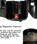 Close-up of magazine capacity for 15 Degree Roofing Nailer For Pros And DIYers, Three Quarters Inch To One And Three Quarters Inch Wire Collated Nails, 120 Count Coil Nail Gun, showing adjustable tray for nail size.
