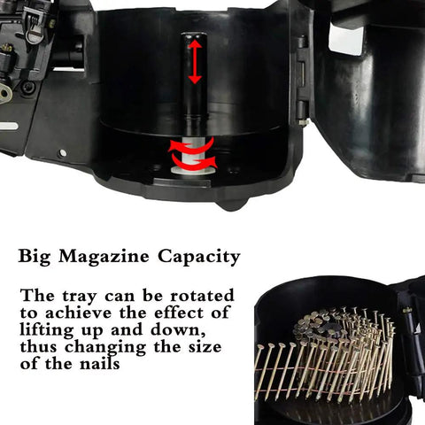 Close-up of magazine capacity for 15 Degree Roofing Nailer For Pros And DIYers, Three Quarters Inch To One And Three Quarters Inch Wire Collated Nails, 120 Count Coil Nail Gun, showing adjustable tray for nail size.