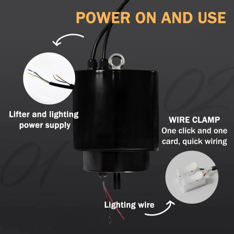 Heavy Duty Electric Chandelier Hoist With Remote Control And Aviation Grade Steel Wire For Lifting Heavy Lighting Up to 330 Lbs power supply and wire clamp detail