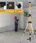 Worker using Heavy Duty Laser Level Pole With Adjustable Mount One Quarter Inch By Twenty Inch Telescoping Pole Extending To Twelve Feet Three Point Seven Meters With Five Eighths Inch Eleven Thread Adapter For Rotary And Line Lasers No Tripod Needed inside a construction site.