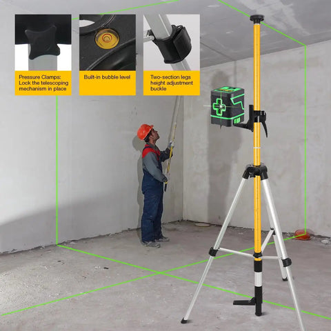 Worker using Heavy Duty Laser Level Pole With Adjustable Mount One Quarter Inch By Twenty Inch Telescoping Pole Extending To Twelve Feet Three Point Seven Meters With Five Eighths Inch Eleven Thread Adapter For Rotary And Line Lasers No Tripod Needed inside a construction site.