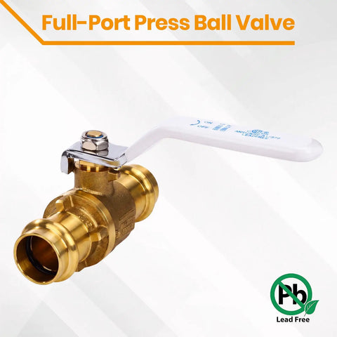 No Sweat 3/4 Full Port Press Ball Valve For Pure Household Water with white handle and copper ends.