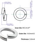 Technical diagram and close-up of M12 Split Lock Washer 25 Pack 304 Stainless Steel 18 8 Spring Lock Washers For Bolts Nuts And Screws Hardware Fittings Silver Anti Loosening Boss Grade Built To Last