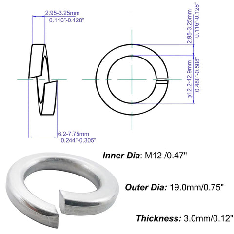 Technical diagram and close-up of M12 Split Lock Washer 25 Pack 304 Stainless Steel 18 8 Spring Lock Washers For Bolts Nuts And Screws Hardware Fittings Silver Anti Loosening Boss Grade Built To Last