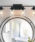 Dope Four Light Matte Black Vanity Lights Over Mirror Farmhouse Style Wall Sconces With Clear Glass Shades in bathroom