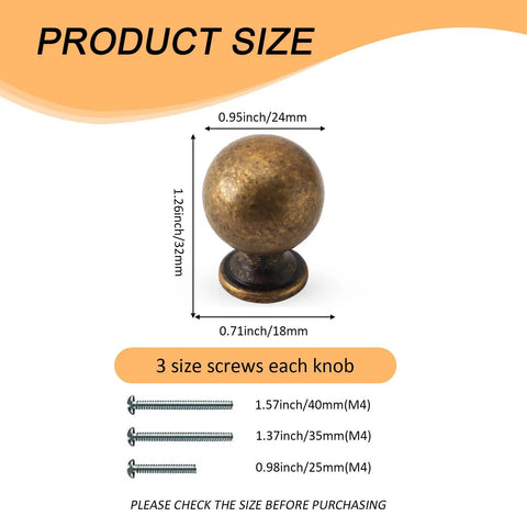 8 Piece Antique Brass Cabinet Knobs Set showing knob dimensions and screw sizes for dressers and closets upgrade.