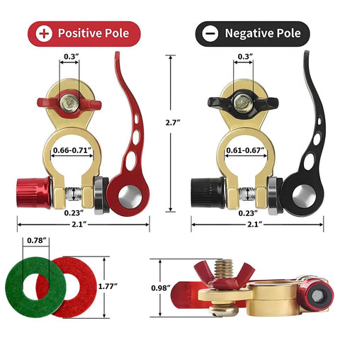 2 Pack Car Battery Terminal Connectors Quick Release Disconnect Ends, showing positive and negative heavy-duty copper terminals.