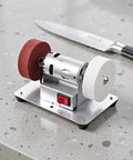 Rock Solid Electric Knife Sharpener Stainless Steel Bench Grinder on countertop for kitchen tools use.