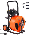 Heavy Duty Automatic Feed Drain Auger Sewer Snake Cleaning Machine with orange reel, four interchangeable cutters, air foot switch.