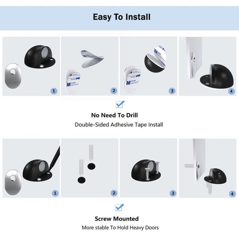 Magnetic Door Stop No Drill Self Adhesive Floor Door Stopper Stainless Steel Black 4 Pack installation guide, adhesive and screw options