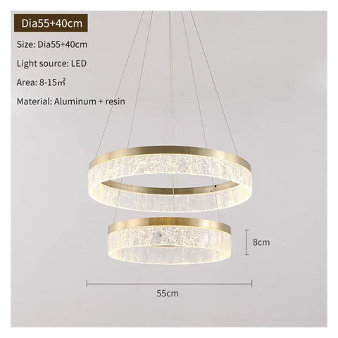 Next Level Gold Round Pendant Light Featuring Three Color Adjustable Aluminum Shade For Smooth Eye Friendly Illumination Perfect Living Room Bedroom Kitchen Dining Room Cozy Vibe Check Solid Setup with dual circles, aluminum and resin material, size 55cm.
