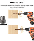 14 Piece Bolt Extractor Set For Stripped Rusted And Damaged Bolts With Hex Drive - Visual guide using drill on wood block
