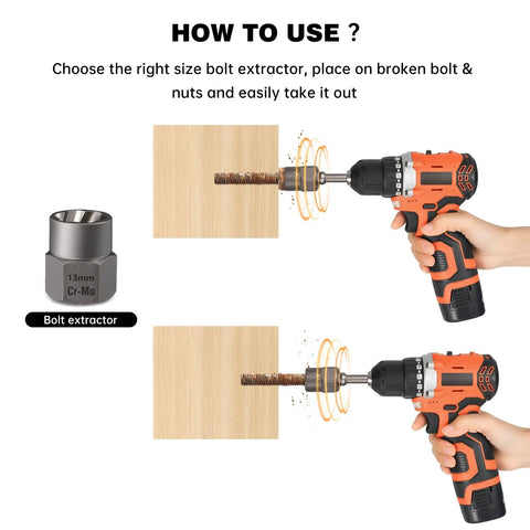 14 Piece Bolt Extractor Set For Stripped Rusted And Damaged Bolts With Hex Drive - Visual guide using drill on wood block