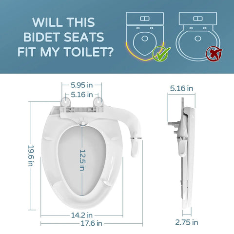 Diagram showing measurements for a Non Electric Bidet Toilet Seat For Elongated Toilets With Soft Close Lid And Self Cleaning Nozzles Adjustable Water Pressure No Fuss DIY Installation All In One Seat Upgrade For Fresh Hygienic Bathroom Comfort.