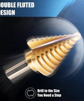 Titanium Coated HSS Step Drill Bit Set With Ten Sizes From One Quarter Inch To One And Three Eighths Inch Self Centering 118 Degree Split Point Dual Flute Unibit For Drilling Metal And Plastic Sheets, close-up of drill showing dual flute design
