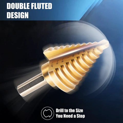 Titanium Coated HSS Step Drill Bit Set With Ten Sizes From One Quarter Inch To One And Three Eighths Inch Self Centering 118 Degree Split Point Dual Flute Unibit For Drilling Metal And Plastic Sheets, close-up of drill showing dual flute design