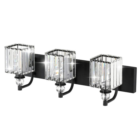 Crystal Black Vanity Light For Bathroom, 3 Light 24 Inch Modern Matte Black Over Mirror Fixture with Crystal Square Shades