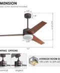 52 Inch Ceiling Fan With Lights And Remote For Indoor Use, Modern Walnut Finish, 3 Reversible Blades, Dimensions and Mounting Options