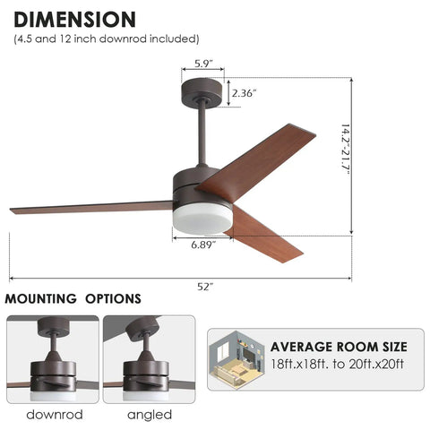 52 Inch Ceiling Fan With Lights And Remote For Indoor Use, Modern Walnut Finish, 3 Reversible Blades, Dimensions and Mounting Options