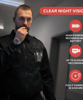 Police Security Video Compact Camera Wearable HD 2304x1296p on officer's chest with night vision in dark hallway