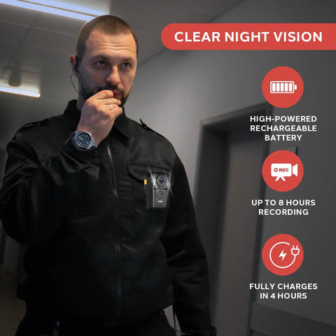 Police Security Video Compact Camera Wearable HD 2304x1296p on officer's chest with night vision in dark hallway
