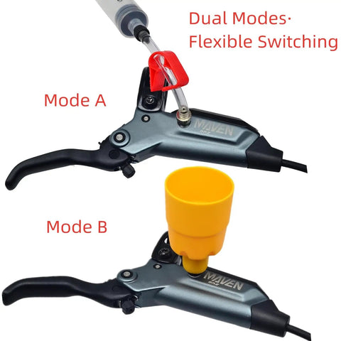 Dual mode switching for SRAM DB4 DB6 DB8 Maven Motive Bike Brake Bleed Kit with syringe and funnel setup.