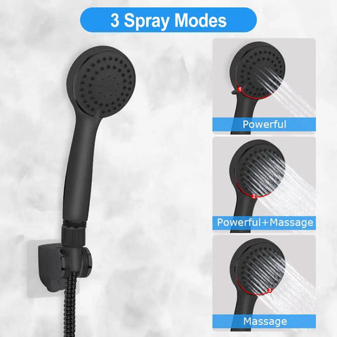 8 Inch High Pressure Rainfall Shower Head And Handheld Combo with 3 spray modes labeled: Powerful, Powerful+Massage, Massage