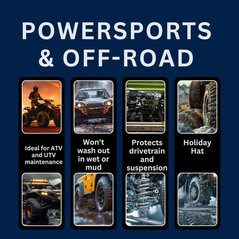 Collage of off-road vehicles and parts with text highlighting Heavy Duty All Purpose Lithium Grease NLGI 2 for wheel bearings and chassis.