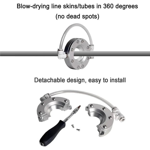 Heavy Duty 360 Degree Aluminum Alloy Ring Air Knife Blower For High Speed Industrial Pipe And Cable Drying With Powerful Even Airflow And Low Consumption Ideal For Surface Processing Equipment 51mm Model showing detachable design and installation process.