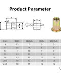 Bulk 10 Pack Flat Head Threaded Insert Nuts M3 To M12 showing dimensions and details of heavy duty zinc plated steel rivet nuts.