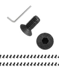 Built Tough Carbon Steel M2.5x6 Flat Head Socket Cap Screws 100 Piece Bundle Black Oxide with hex key and screws visible.