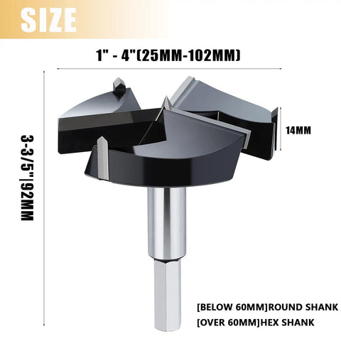 1 Inch 25mm Forstner Drill Bit With Triple Flute Tungsten Carbide Tip For Hardwood And Softwood shown with size details