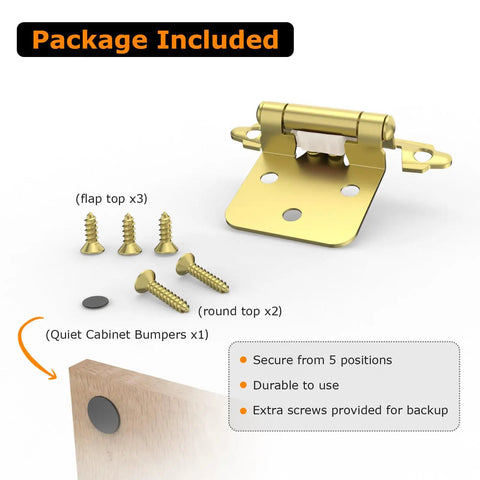 Heavy Duty 1/2 Inch Overlay Cabinet Hinges 50 Pack Self Closing With Nifty Rubber Buffer Pads showing included screws and bumpers.