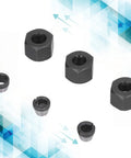 Six Pack 1/4 to 1/8 Collet Adapters with Screws and Nuts for CNC Lathe, Router, and Milling Cutters on blue background