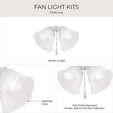 AirPro 4 Light Ceiling Fan Light Kit with white alabaster glass shades, featuring pull chain operation for P2500 and P2501 AirPro fans.