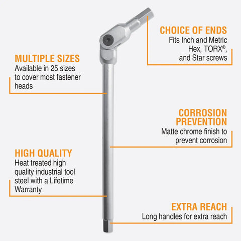Pivot Head Hex Pro Wrench Set 3 4 5 6 8 10mm Six Piece Chrome Wrenches With Pouch, showing a pivot-head wrench with features