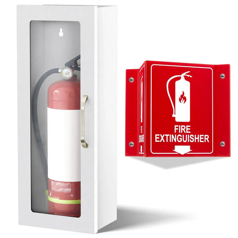 White Steel Fire Extinguisher Cabinet With Projecting Sign And Arrow, Wall Or Surface Mount For 10 lb Dry Chemical Extinguishers
