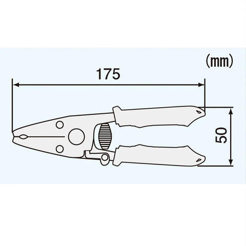 Diagram of Pro Grade Micro Wire Stripper For Ultra Thin Wires, 175mm length, showing handles and cutting edge.