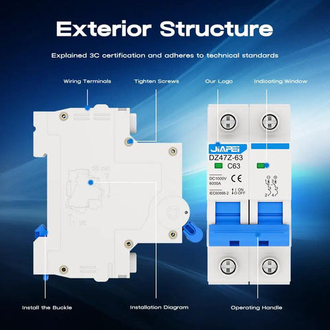 Rock Solid Miniature Circuit Breaker 1000V 2 Pole 63 Amp Isolator for Solar PV Systems with Thermal Magnetic Trip shown in diagram.