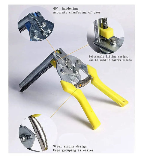 Type M Nail Ring Pliers Kit For DIY Cage Repair With Hog Ring Pliers One Hand Quick Install Includes 1200 Galvanized Nails And Stainless Railing Pliers Yellow Handy Tool Set For Poultry Fences And Bird Cages. Close-up of yellow handles and metal jaws.