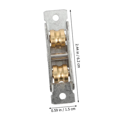 Heavy Duty Stainless Steel Sliding Door Wheels Pair With Double Pulley Track For Smooth Quiet Glide And No Sweat Cabinet Hardware Upgrade Set Includes Mounting Screws, showing two gold rollers and metal frame.