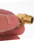 Close-up of an angled brass fitting from the Brass Grease Fitting Kit One Set With Straight And Angled Zerk Nozzles For Automotive And Industrial Use Storage Box Included All In One Lubrication Component Kit For Efficient Maintenance.