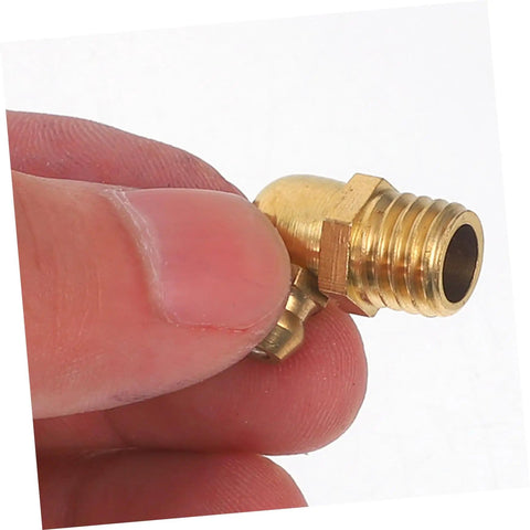 Close-up of an angled brass fitting from the Brass Grease Fitting Kit One Set With Straight And Angled Zerk Nozzles For Automotive And Industrial Use Storage Box Included All In One Lubrication Component Kit For Efficient Maintenance.