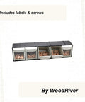 Shop Floor Ready Tilt Out Storage Bins For Your Workshop Setup, Heavy Duty Plastic Tray With Interlocking Dovetail Rails with bins filled with wood parts.