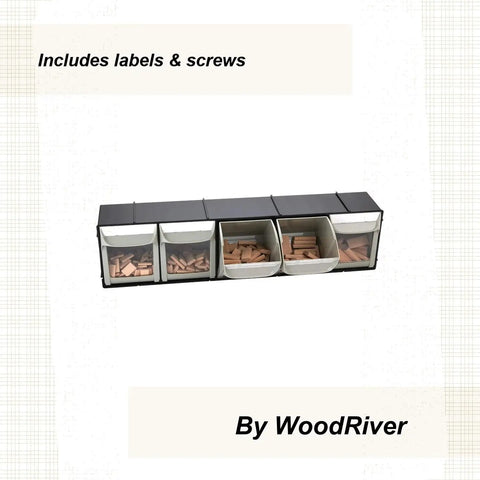 Shop Floor Ready Tilt Out Storage Bins For Your Workshop Setup, Heavy Duty Plastic Tray With Interlocking Dovetail Rails with bins filled with wood parts.