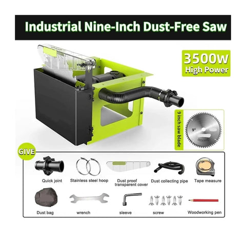 3500W Dust-Free Table Saw With 2580W Rated Power, Accessories Illustrated, Dust Bag, Quick Joint, and Saw Blade Detail