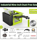 Industrial 3500W dust-free saw with vacuum, accessories include tools and cover, ideal for precise woodworking.